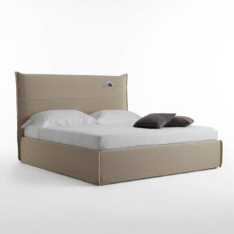 Elegant Horm Tasca bed with uniform beige textile upholstery and mocha lacquered solid beechwood feet