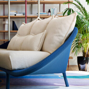 Exceptional Miniforms Lem sofa with a blue checkerboard frame and plush off-white textile cushions crafted for comfort