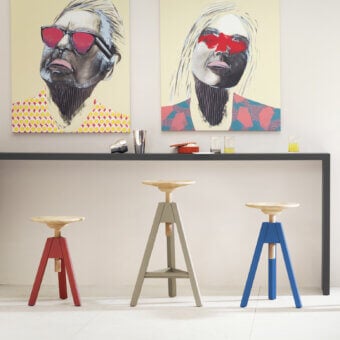 Remarkable Miniforms Vitos stool with a light-toned wooden seat and vibrant red three-legged base crafted in Italy