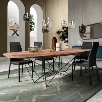 Captivating Ozzio Italia Fil8 table with interwoven metal rod base and warm herringbone patterned wood-like top in brown tones with matte finish