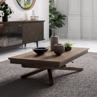 Elegant Ozzio Italia Jolly transformable coffee table with crossed wooden base and medium-toned brown wood-grain surface crafted in Italy