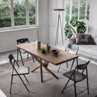 Exceptional Ozzio Italia Jolly transformable coffee table with crossed wooden base and medium brown tabletop crafted with a textured matte finish