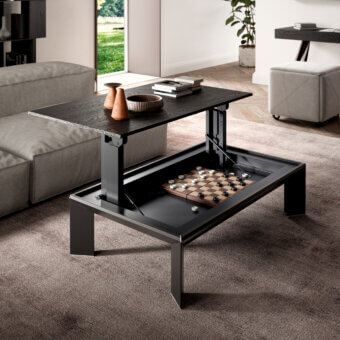 Elegant Ozzio Italia Metrino coffee table with dark wood and metal built in a self-braking lift mechanism for hidden storage