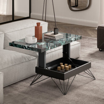 Elegant Ozzio Italia Radius lift top coffee table with green, black, and white marble glass and sleek black metal frame