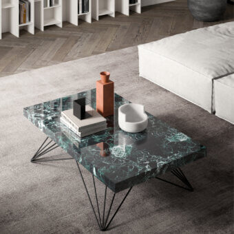 Distinguished Ozzio Italia Radius lift top coffee table with dark green marble glass and matte black metal hairpin legs