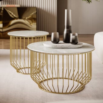 Captivating Bontempi Circus coffee table with a circular cage built from gold-colored metal and white SuperMarble top