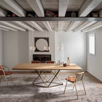 Superior Bontempi Delta table with light brown wood and geometric gold-tone metal base crafted in Italy