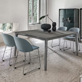 Superior Bontempi Duke Square table with dark grey tabletop and reflective chrome-like metal frame built in Italy