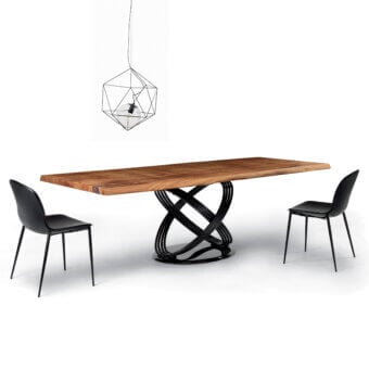 Superior Bontempi Fusion table with a live edge century-old Walnut top and glossy black metal base