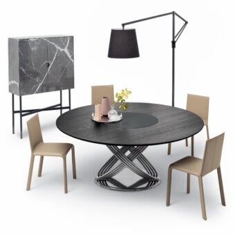 Superior Bontempi Fusion round table with dark gray textured tabletop and polished metal curvilinear base crafted in Italy
