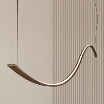 Exceptional Bontempi Infinity suspension lamp with a curved silhouette in muted gold or bronze and a brushed satin finish