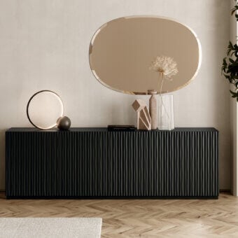 Distinguished Bontempi Musa sideboard with a linear facade and dark matte wood finish, awarded the German Design Award in 2025