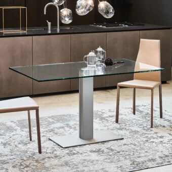Elegant Cattelan Italia Elvis table with tinted clear glass and matte steel base crafted in Italy