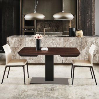 Elegant Cattelan Italia Elvis Wood Drive table with an angular wooden top and dark brown finish built with a steel base