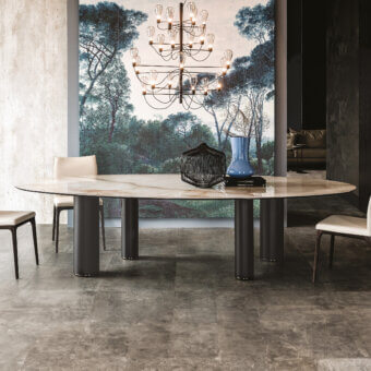 Exceptional Cattelan Italia Roll table with light beige Marmi ceramic top and matte dark gray cylindrical legs