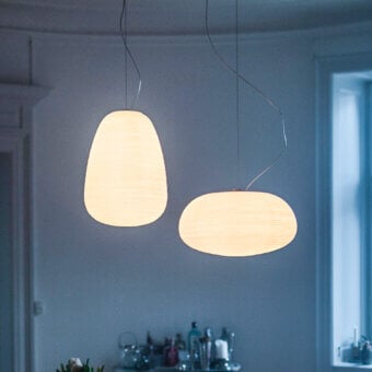 Distinguished Foscarini Rituals suspension lamp with fixed blown glass and unique striped texture crafted in warm white