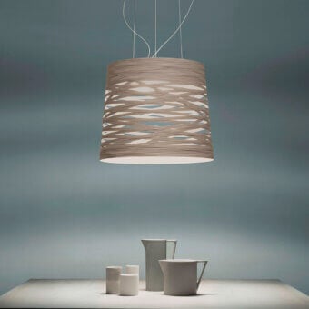 Distinguished Foscarini Tress Grande suspension lamp with a light brown woven fiberglass shade and chromed metal frame