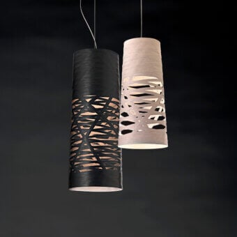 Distinguished Foscarini Tress suspension lamp in dark hues crafted with liquid coated fiberglass revealing warm copper tones within