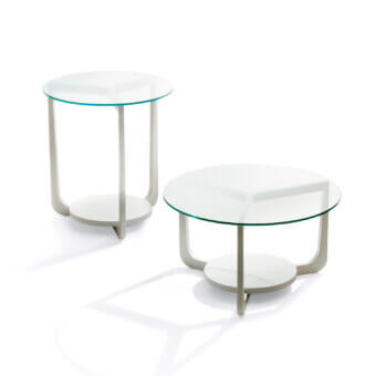 Distinguished Pacini & Cappellini Isola coffee table with transparent glass and light gray veneered ash support crafted in open pore matt lacquer