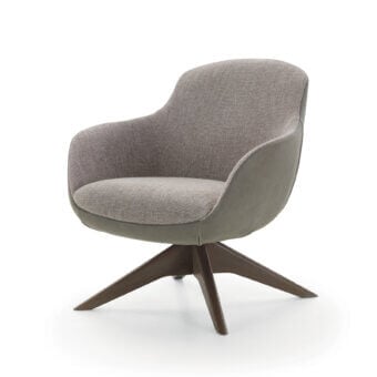 Pacini&Cappellini lounge chair, olive leather and gray woven fabric, rounded silhouette with star-shaped dark wood base.