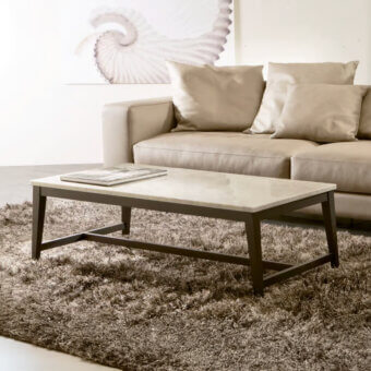 Elegant Pacini & Cappellini Prisma coffee table with light-colored marble and dark solid ash wood structure in matte finish