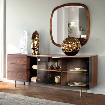 Exceptional Pacini & Cappellini Star sideboard crafted in dark brown veneered wood with glass and brushed brass painted metal legs