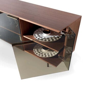 Exceptional Pacini & Cappellini Star sideboard with medium brown veneered wood and clear glass door in brushed brass