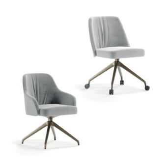 Superior Reflex Comfort chair with wooden structure, padded seat upholstered in smooth matte gray textile and brass-like adjustable base with wheels