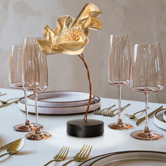 Exceptional Slamp LaFleur Battery lamp with glossy golden bloom and twisted brown stem built in Lentiflex with a matte black base