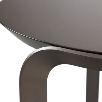 Elegant Turri Milano coffee table with a curved metal structure and glossy lacquered medium brown wood tabletop