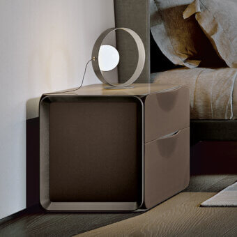 Exceptional Turri Milano nightstand with brown leather covering, satin nickel metal accents and glossy lacquered wooden top