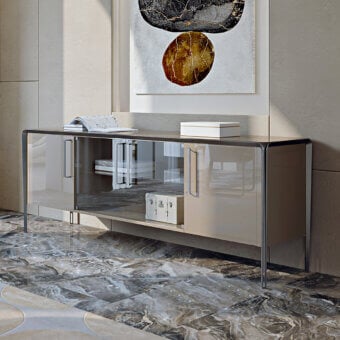 Distinguished Turri Milano sideboard with lacquered wooden structure, sleek metal legs and glass-fronted doors in a muted taupe finish