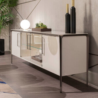 Superior Turri Milano sideboard with glossy white lacquered wood, dark metal trim and delicate metal legs built with leather inserts