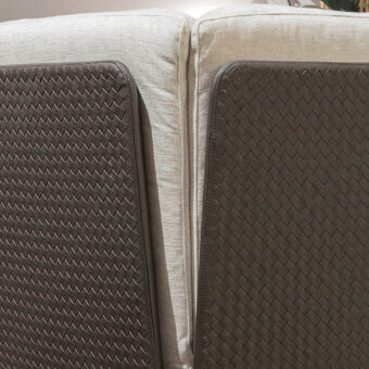 Superior Turri Milano sofa with light woven textile and dark brown woven leather frame with brushed nickel legs