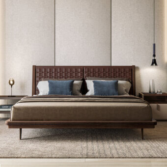 Sophisticated Turri Net bed with original saddle weaving and slender legs in a medium-brown wooden finish