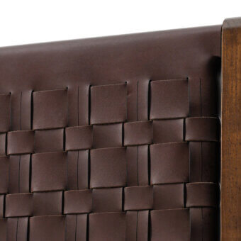 Elegant Turri Net bed with dark brown matte leather saddle weaving and smooth medium brown wood frame