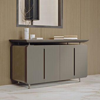 Superior Turri Silhouette sideboard with heat-treated eucalyptus doors and supple leather covering in a light grayish-brown matte finish