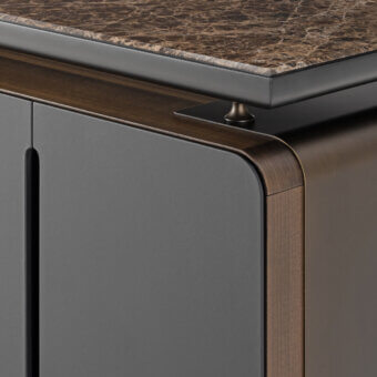 Distinguished Turri Silhouette sideboard with heat-treated eucalyptus doors in dark gray leather and a matte black lacquered compartment with brown marble