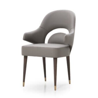 Distinguished Turri Vine armchair with arched opening and dark wood legs crafted in light gray material with smooth matte finish