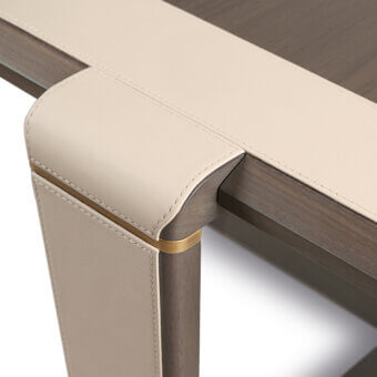 Superior Turri Vine coffee table with dark brown wood, beige leather accents and brushed gold detailing