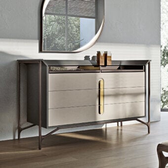 Superior Turri Vine dresser with wooden structure and leather-covered drawers in neutral beige or light gray matte finish