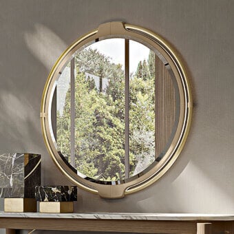 Lavish Turri Vine Round mirror with beige leather and brushed gold metal, built with integrated LED lighting