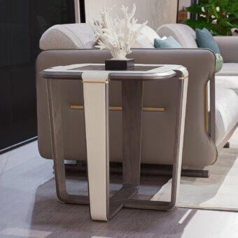 Sophisticated Turri Vine side table with a dark top and matte wood framing, built with a leather-detailed, gold-accented three-leg structure