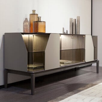 Exclusive Turri Vine sideboard built in wood with bronze-tinted glass and leather accents in gray and light beige with a matte finish