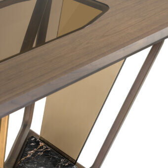 Lavish Turri Vine table with a branched natural wood base, brushed gold metal and refined marble inserts