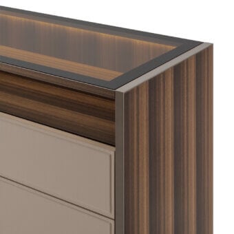 Superior Turri Vendome dresser with thermo-treated Eucalyptus wood, glass top, and light beige matte drawer fronts framed with stitching