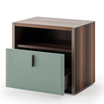 Superior Turri Vendome nightstand in heat-treated Eucalyptus wood with sage green leather drawer and metal handle