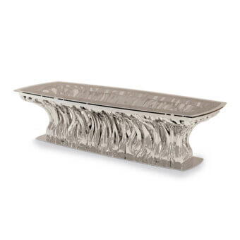 Captivating BelMondo by Bellotti Ezio Ficus table showcases intertwined metalwork with a gray-tinted glass top and polished chrome base