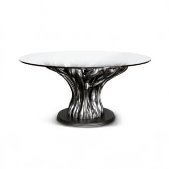 Exceptional BelMondo by Bellotti Ezio Ficus table with a sculptural dark-toned base and sleek white glass tabletop crafted with a glossy finish