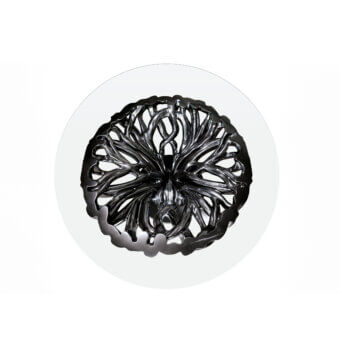 Captivating BelMondo by Bellotti Ezio Ficus table with a sculptural metal base and clear glass top in a glossy dark tone